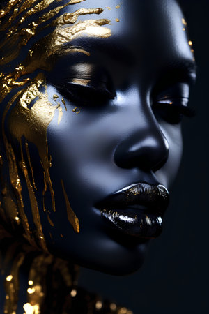 Portrait of a beautiful woman with black skin and golden make-up.の素材