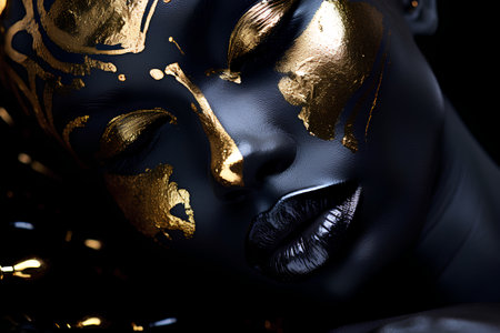 Beautiful black woman with golden bodyart on black background. 3d renderingの素材