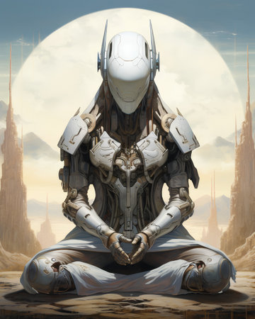 3D rendering of a female knight sitting in a fantasy space.の素材