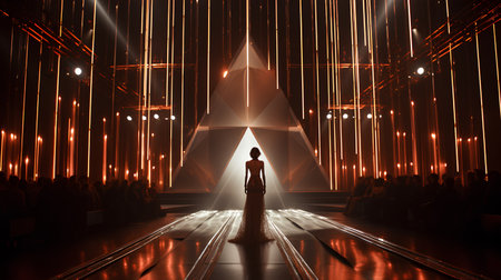 3D rendering of a woman standing in front of an abstract backgroundの素材