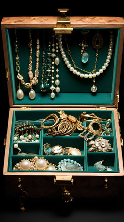 Jewelry in a wooden box on a black background. 3d renderingの素材