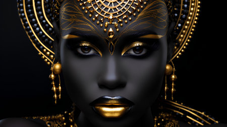 Portrait of a beautiful african woman with gold makeup. 3d renderingの素材