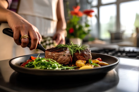 Closeup of female hands cooking steak on frying pan in modern kitchenの素材