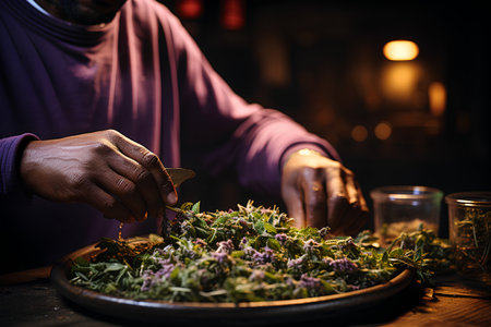 Close-up of a man's hands cutting herbs in a kitchenの素材