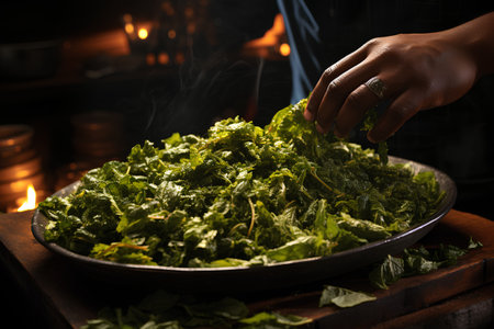 Close up of a woman's hand sprinkling mint leaves into a bowlの素材