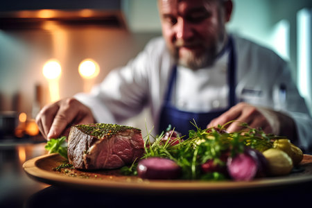 Portrait of a chef preparing a dish in a restaurant kitchen.の素材
