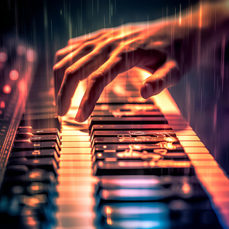 Close up of male hands playing digital piano keyboard. Music concept.の素材