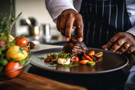 Close-up of chef's hands preparing beef steak with vegetables.の素材