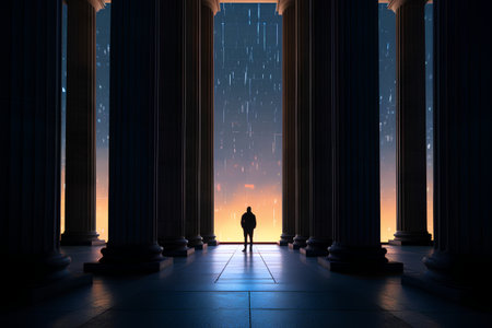 Silhouette of a businesswoman standing in front of the columns and looking at the skyの素材