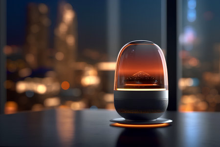 Smart speaker on the table with blurred city background. 3d renderingの素材