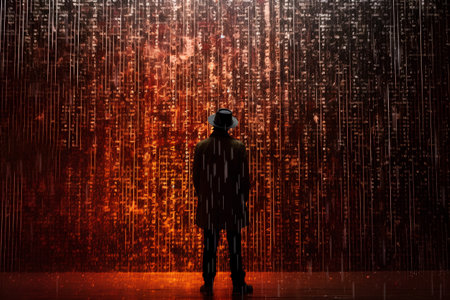 Man wearing virtual reality goggles in front of a binary code background.の素材