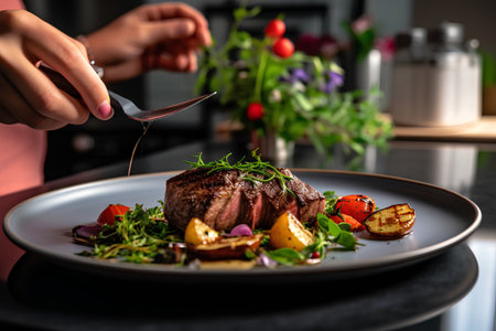 Grilled beef steak with vegetables on a plate. Restaurant menu.の素材
