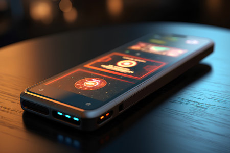 Smartphone with futuristic interface on the table. 3d illustration.の素材