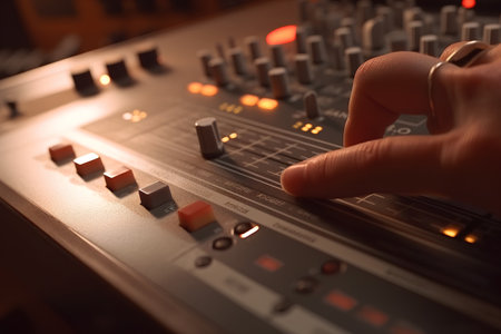 Close up of hand on sound mixer. Shallow depth of field.の素材