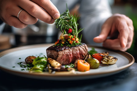 Steak with vegetables on a plate in a restaurant. Restaurant menuの素材