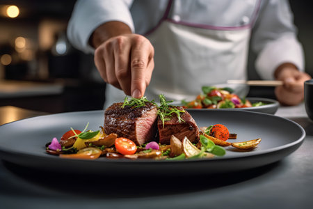 Beef steak with vegetables on a black plate. Restaurant menu.の素材