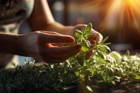 Close-up of a woman's hands planting basil seedlings.の素材