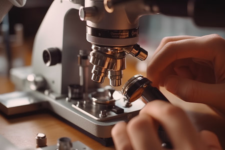 Closeup of scientist working with microscope in laboratory. Focus on microscopeの素材