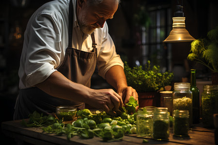 Senior male gardener in apron cutting fresh green sprouts in glass jars.の素材
