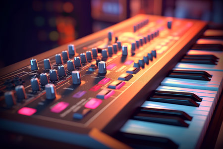 Close up of electronic synthesizer keyboard. 3d rendering toned imageの素材