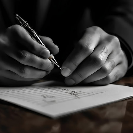 Businessman signing a contract. Black and white photo with shallow depth of fieldの素材