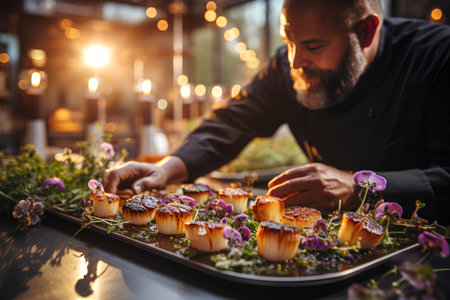 Catering service. Bearded male chef decorating cupcakes with flowers.の素材