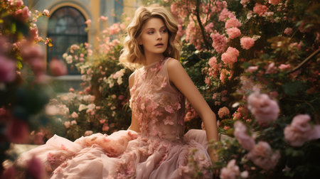 Beautiful girl in rose garden. Spring fashion. Beauty, fashion.の素材