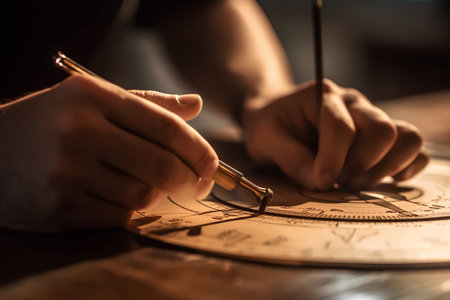 Closeup image of man hands working on sundial at night.の素材