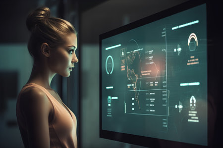 Attractive young woman looking at hologram screen. 3d renderingの素材