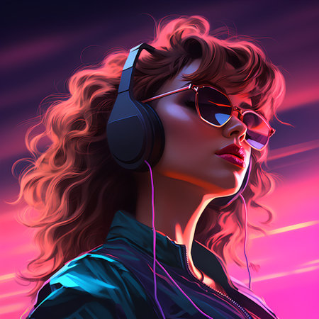 Beautiful girl with headphones listening to music. 3d illustration.の素材