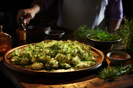 Potato gnocchi with dill and olive oil on wooden tableの素材