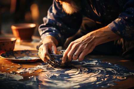 Close-up of a potter's hands making ceramic potteryの素材