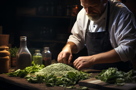 Mature man in apron preparing fresh herbs in the kitchen.の素材