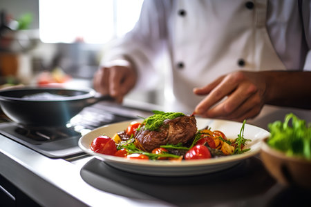 Handsome chef in white uniform decorating dish in modern kitchenの素材