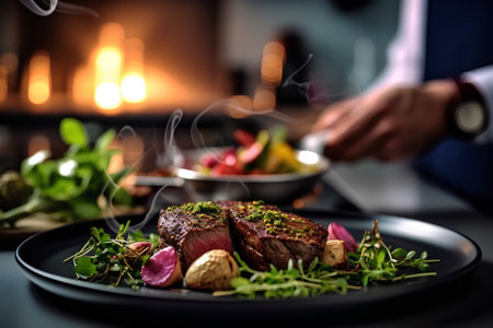 Beef steak with vegetables on a plate on a dark background.の素材