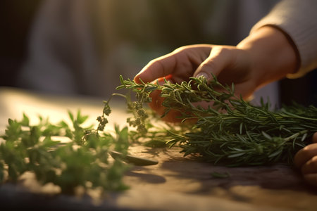 Closeup of a woman's hand planting rosemary on wooden tableの素材
