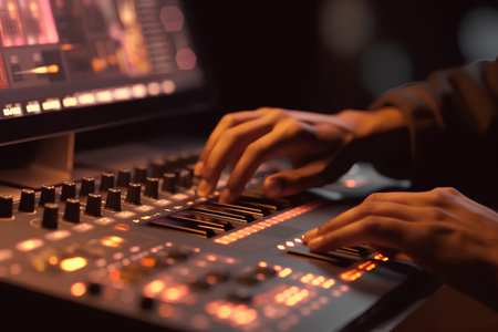 Close-up image of hands mixing music on midi controller.の素材