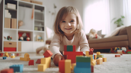 Cute little girl playing with colorful blocks in the living room at homeの素材
