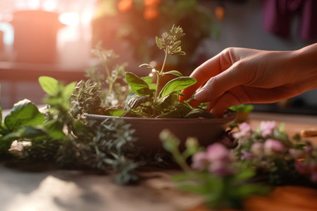 Close up of female hands holding fresh herbs in a clay bowl.の素材