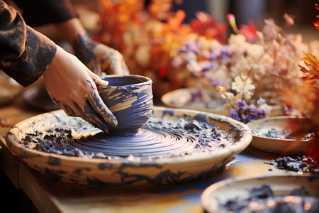 Potter making a vase on pottery wheel, closeupの素材