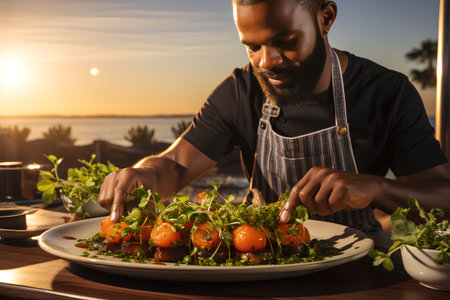 African american male chef decorating salad with tomatoes on the beach at sunsetの素材