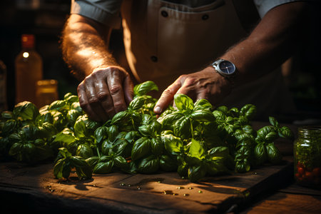 Close-up of a chef's hands preparing fresh basil on a wooden tableの素材