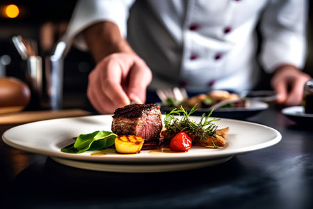 steak on a white plate with vegetables on the table in the restaurantの素材