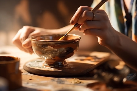 Closeup of female potter painting clay bowl in pottery workshopの素材