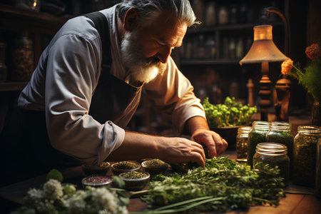 Mature male chef in apron preparing herbs in the kitchen.の素材