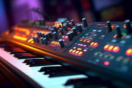 3d rendering of a digital synthesizer with colorful lights in the backgroundの素材