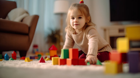 Adorable little girl playing with colorful blocks at home in the living roomの素材