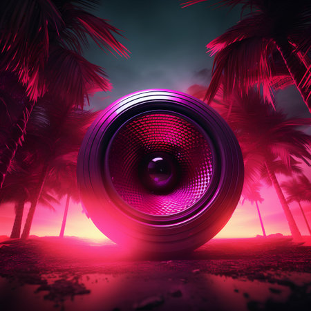 Black speaker on a tropical beach with palm trees, 3d renderの素材
