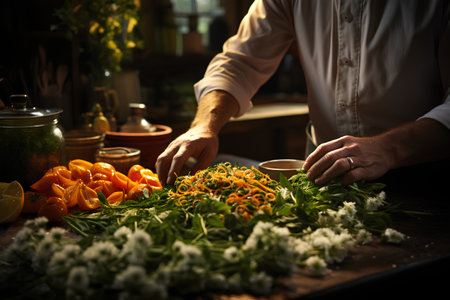 chef at work in his kitchen, preparing a salad with fresh vegetablesの素材