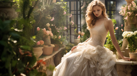Beautiful young woman in a wedding dress posing in the garden.の素材